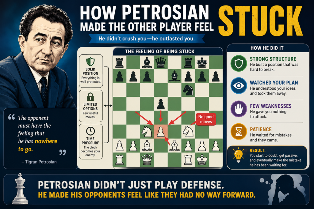 Petrosian did not always win by making a big threat. Many times, he won by making the other player feel like there was no good move. That is a very special kind of power in chess. It is not loud. It is not flashy. But it slowly squeezes the joy out of the opponent’s position.