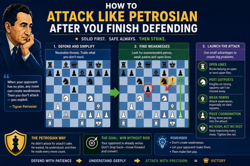 Petrosian was not only a defender. This is important. If a child only defends forever, they may draw or slowly get worse. Petrosian knew when to switch from defense to attack. That switch is what made him great.