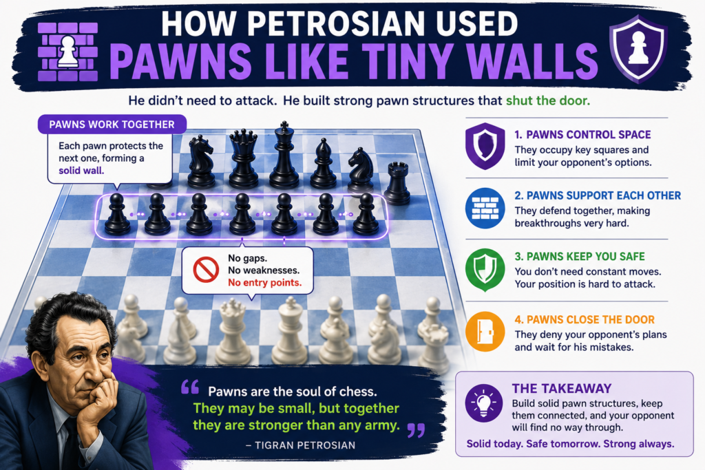 Pawns look small, but Petrosian treated them with huge respect. He knew that one pawn move can change the whole board. A pawn can block a bishop. A pawn can take away a knight square. A pawn can open a file for a rook. A pawn can also create a hole that can never be fixed.