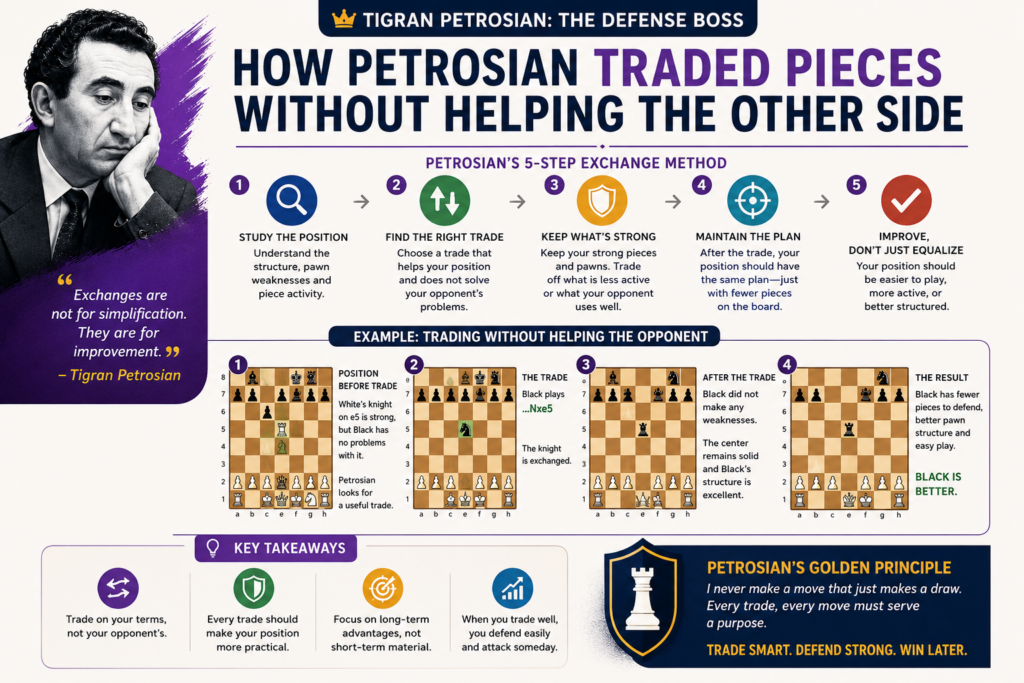 Many young players trade pieces too quickly. They see a bishop and take it. They see a knight and swap it. They think every trade makes the game easier. Petrosian knew better.