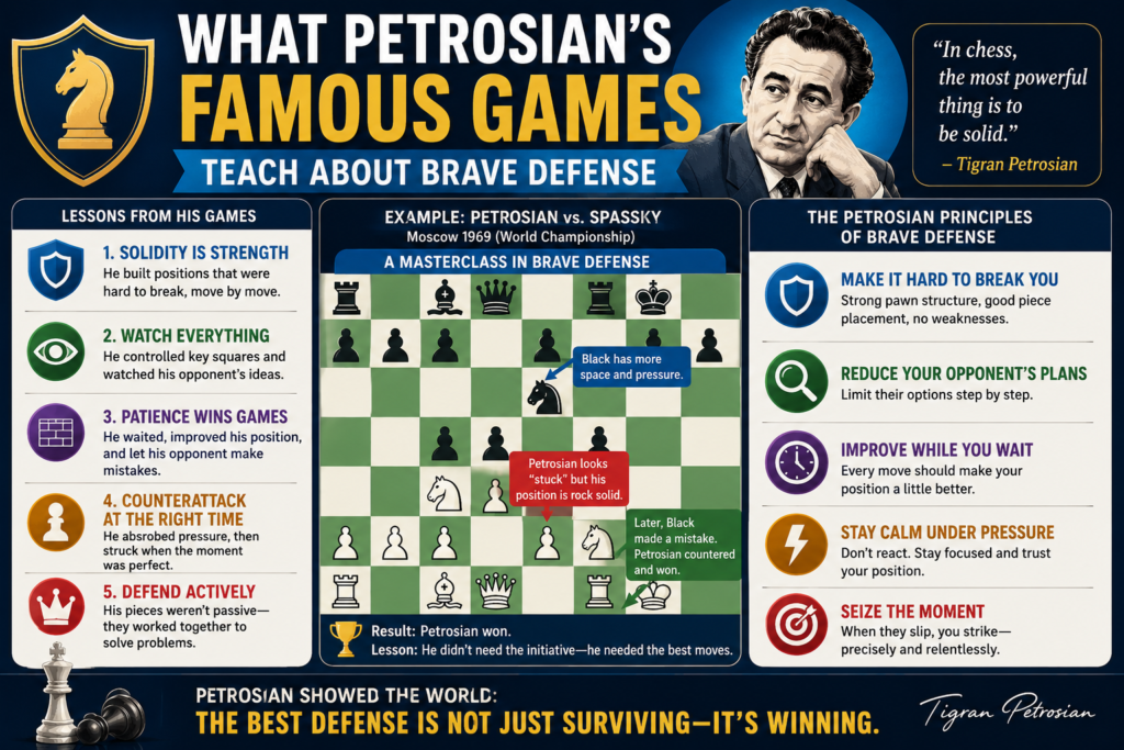 Petrosian’s defense was not weak or scared. It was brave. That may sound strange because many people think bravery means attack. But sometimes bravery means staying calm when the opponent is trying to scare you.