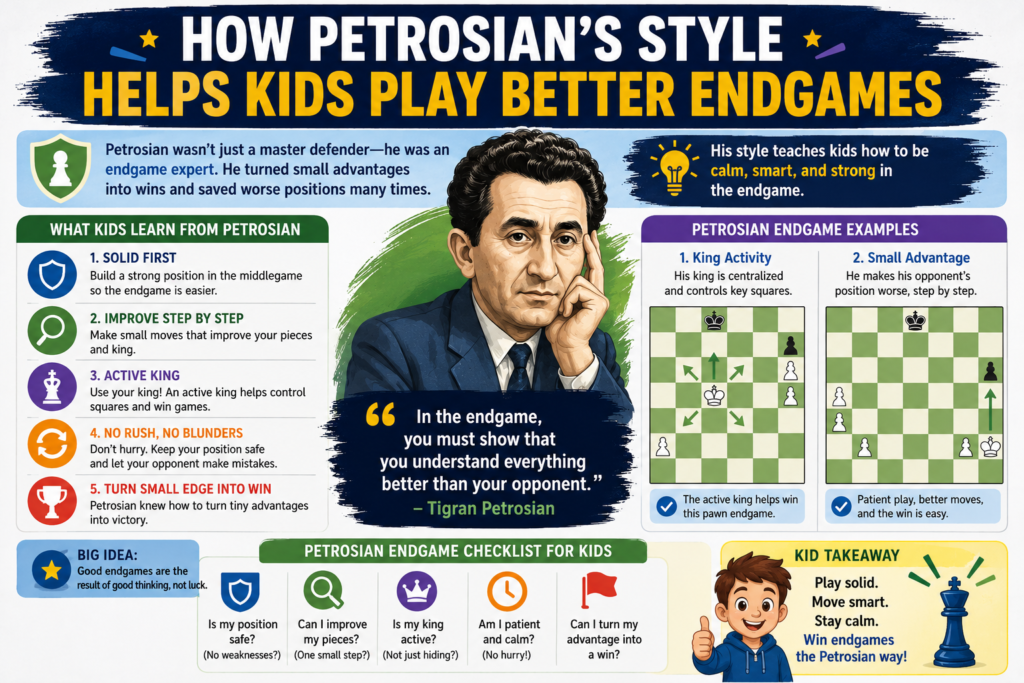 Petrosian’s defensive style was perfect for endgames. In the endgame, one small mistake can decide everything. A king that is one square too far away may lose. A pawn pushed too soon may fall. A rook placed badly may become passive for the rest of the game.