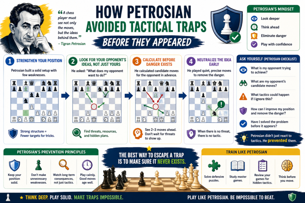 Petrosian was not hard to beat because he saw every tactic at the last second. He was hard to beat because he often made those tactics impossible before they appeared. That is a huge difference.