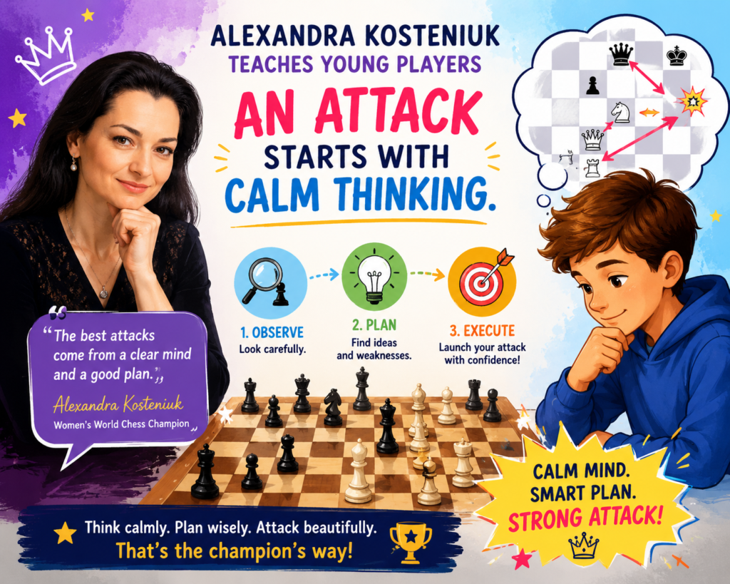 Alexandra Kosteniuk is known as a strong, brave player, but the best lesson for kids is this: she did not attack just because attacking looks fun. She attacked when her pieces were ready. That is a big difference.
