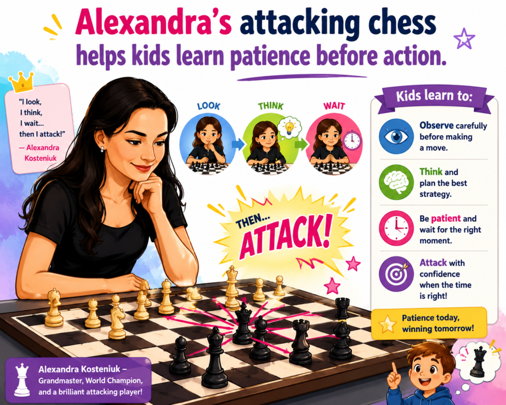 One of the most beautiful things about Alexandra Kosteniuk’s chess is that her attacks often feel fast, but they are built slowly. This is a hard lesson for children, because kids love action. They love checks. They love captures.