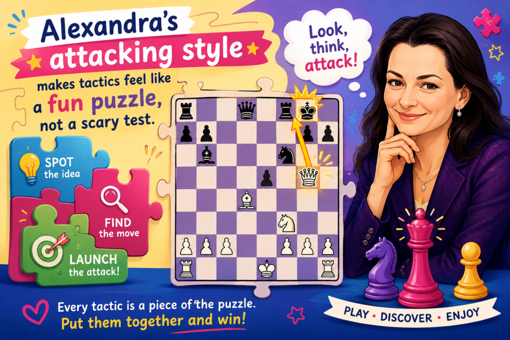Tactics are the short, sharp moves that win games. A fork, pin, skewer, discovered attack, or checkmate pattern can change everything in one moment. But for many kids, tactics can feel hard if they are taught like a school exam.