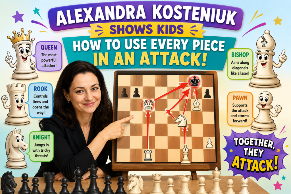 A strong attack is not a solo show. It is not the queen running around the board while the other pieces watch. Alexandra Kosteniuk’s style is a great lesson here because she is known for active, tactical, and aggressive play, but her attacks work best when many pieces join the fight.
