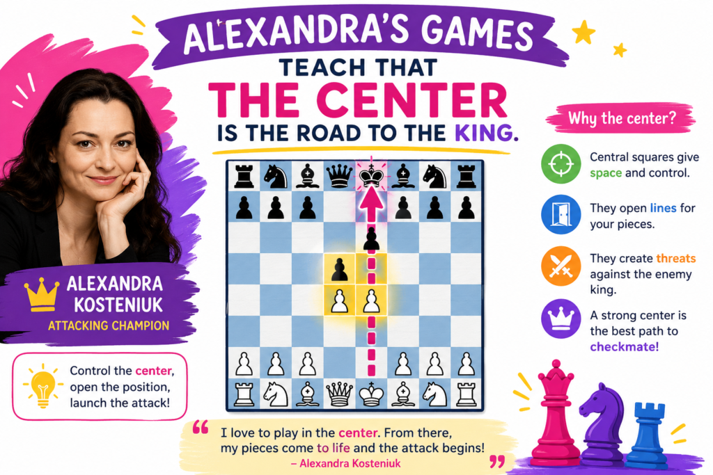 Many beginners think an attack only happens on the side of the board near the king. That is not always true. A strong attack often starts in the center. If your pieces control the middle, they can move faster to either side.