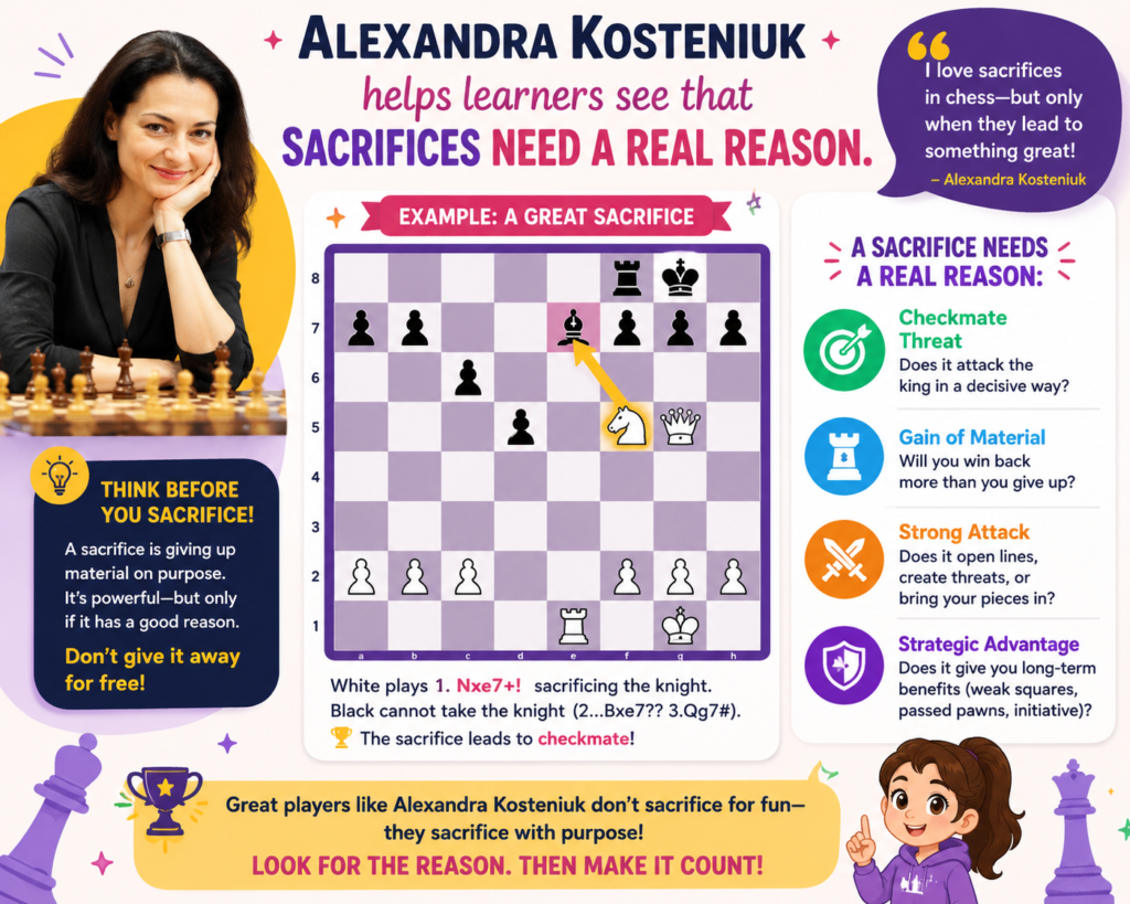 Sacrifices are exciting. A child gives up a piece and hopes for checkmate. The room feels full of drama. But sacrifices can also be risky. A good sacrifice is not a wish. It is a trade for something important. It may open the king. It may remove a key defender. It may force a checkmate path. It may win back more material later.