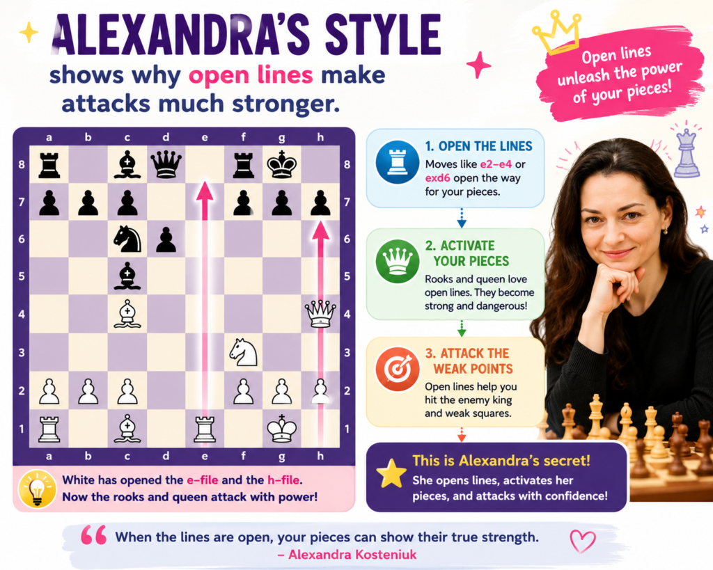 An attack needs roads. If all the lines are closed, even strong pieces can feel stuck. Alexandra Kosteniuk’s attacking games are a great way to show kids why open files and diagonals matter. A rook needs an open file to reach the enemy camp.