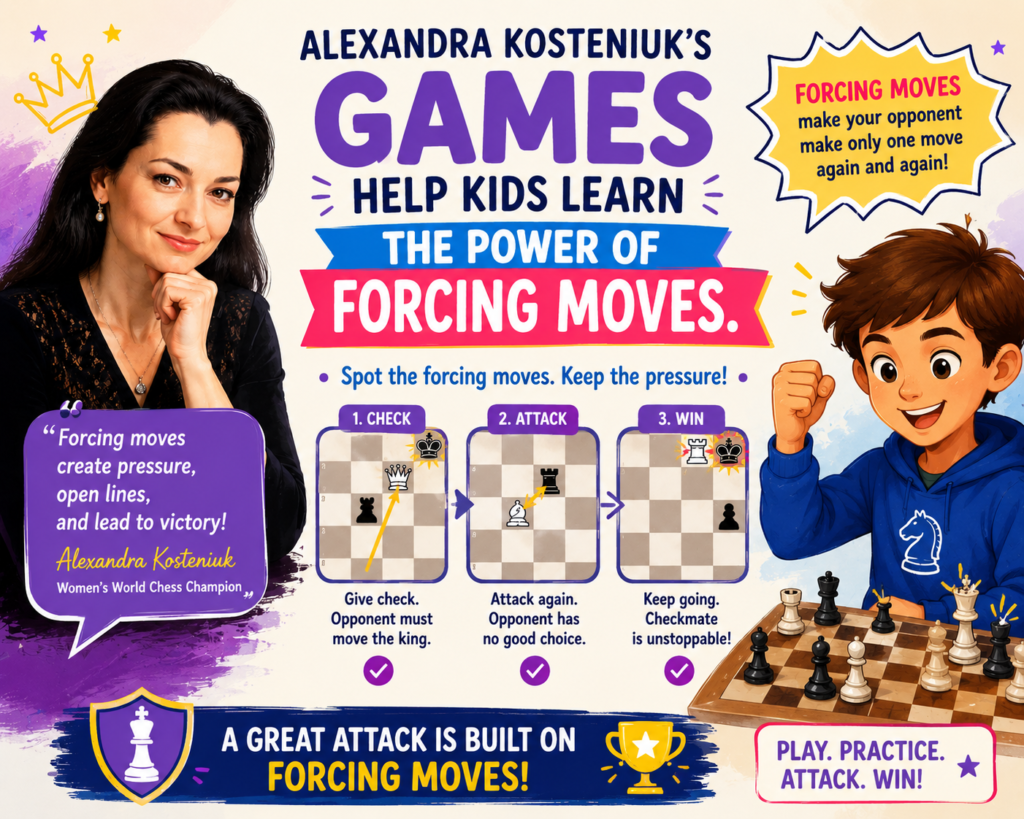 Forcing moves are moves that make the other player respond in a limited way. Checks, captures, and direct threats are often forcing moves. Young players love checks, but they do not always understand when a check is useful. 