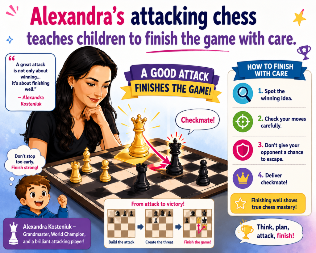 Many young players build a great attack and then let it slip away. They win a piece, open the king, create big threats, and then relax too soon. Alexandra Kosteniuk’s games can teach an important lesson here. Starting an attack is exciting, but finishing it needs care.