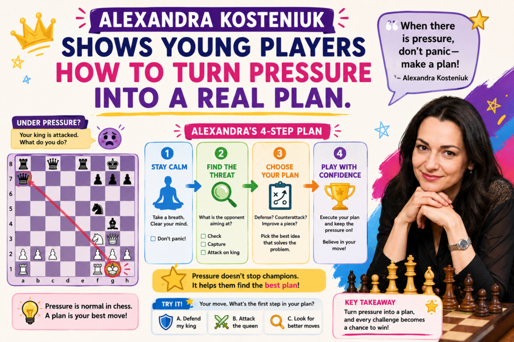 Pressure is one of the most useful ideas in chess. It does not always win right away, but it makes the other player uncomfortable. Alexandra Kosteniuk’s games are full of this kind of energy. She places pieces on active squares, asks hard questions, and keeps the opponent busy.