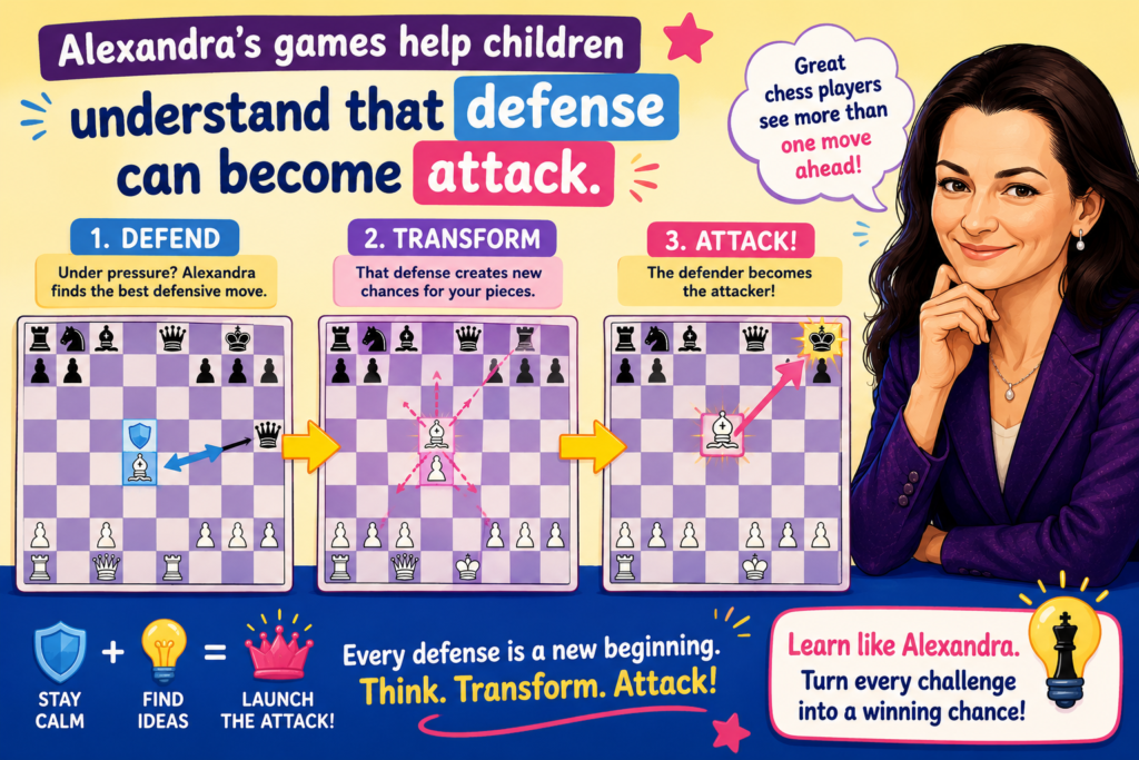 Some kids think attacking is fun and defending is boring. That is not true. Good defense can be very exciting because it can turn the whole game around. Alexandra Kosteniuk’s fighting style is a great model because strong players do not panic when they are under pressure.