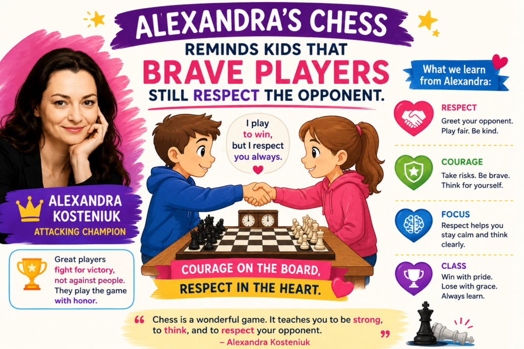 Attacking chess can make children feel bold, and that is wonderful. Chess should feel alive. It should have joy, surprise, and courage. But Alexandra Kosteniuk’s games also teach a quieter lesson.