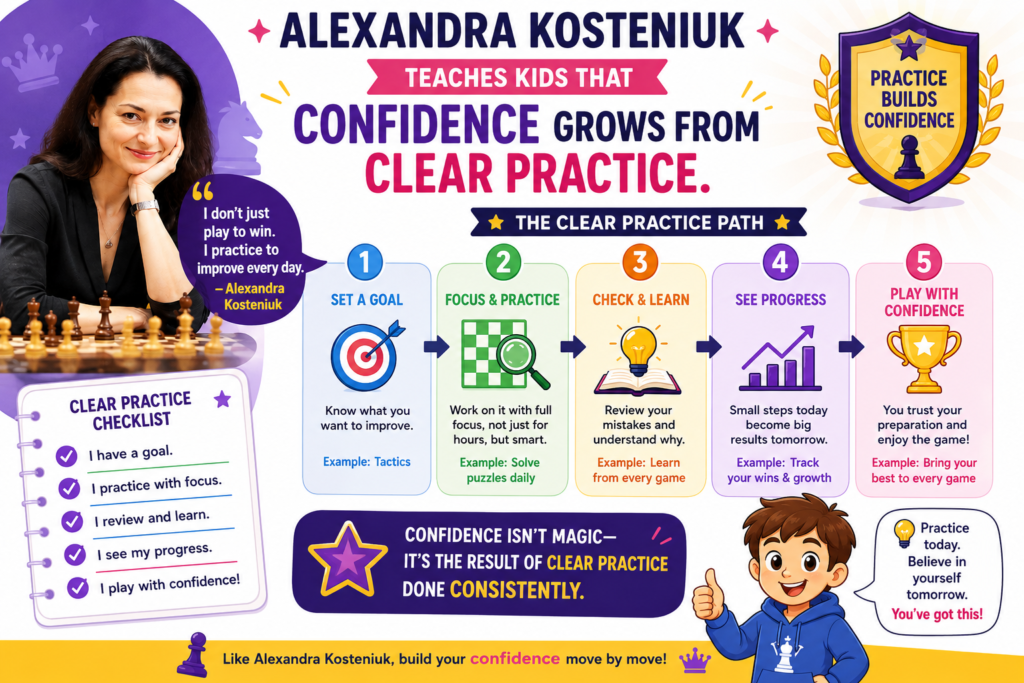 A confident chess player is not a child who always wins. A confident chess player is a child who knows how to think after every move. Alexandra Kosteniuk’s story is a strong example of this.