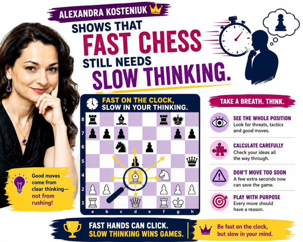 Alexandra Kosteniuk has had success in both classical chess and faster formats, including winning the Women’s World Rapid Championship in 2021. That matters for learners because many children love quick games online. Fast games are fun, but they can also create bad habits if kids only click and hope.