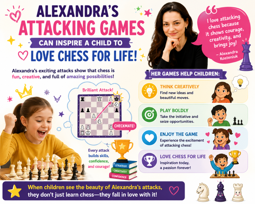 Alexandra Kosteniuk has done that for many players through her games, books, and public chess work. FIDE notes her role not only as a former Women’s World Champion, but also as someone who has helped promote chess through educational content and community activity.