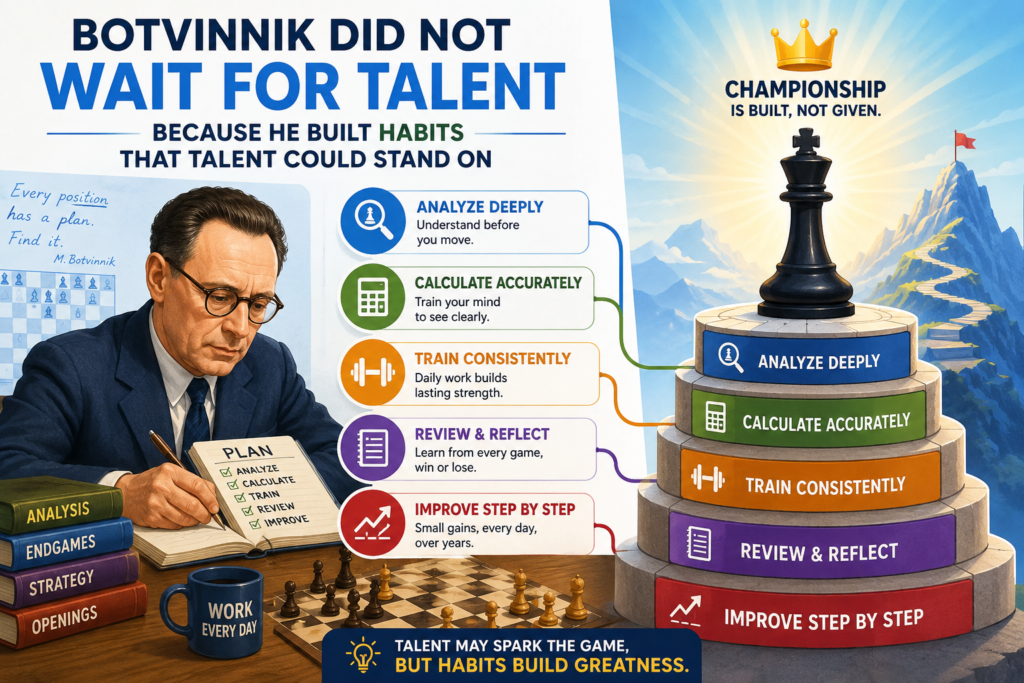 Many young chess players think great players are born with a secret gift. Botvinnik’s life tells a better story. He became one of the strongest players in the world, but his rise was not built on wild tricks or lucky attacks. It was built on work, order, review, and a deep respect for the truth on the board.