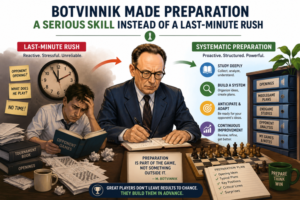 Botvinnik understood something that many players learn too late. A chess game does not begin when the clock starts. It begins days, weeks, and even months before. It begins with the habits a player builds at home.