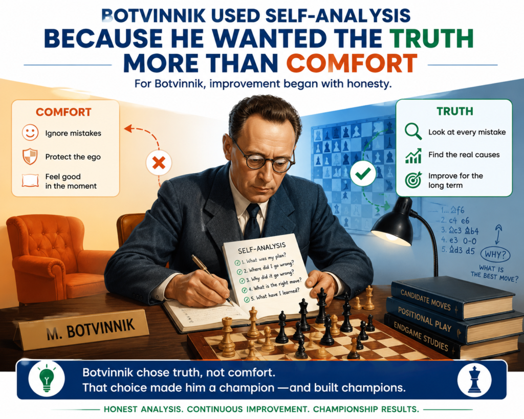 One of Botvinnik’s strongest habits was self-analysis. He did not treat his games like trophies or disasters. He treated them like lessons. A win could still hide mistakes. A loss could still hold good ideas. The point was not to protect the ego. The point was to find the truth.