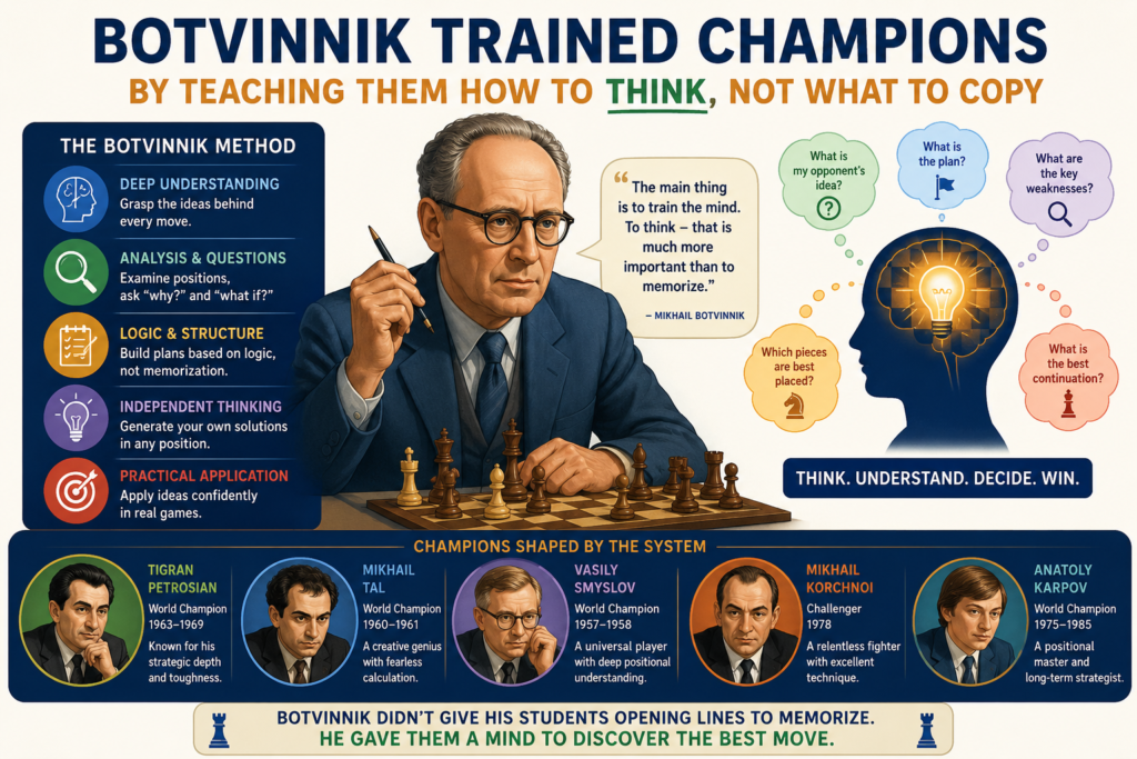 Botvinnik’s name is linked not only with his own world titles but also with the players who came after him. His chess school is often connected with future world champions like Anatoly Karpov, Garry Kasparov, and Vladimir Kramnik.