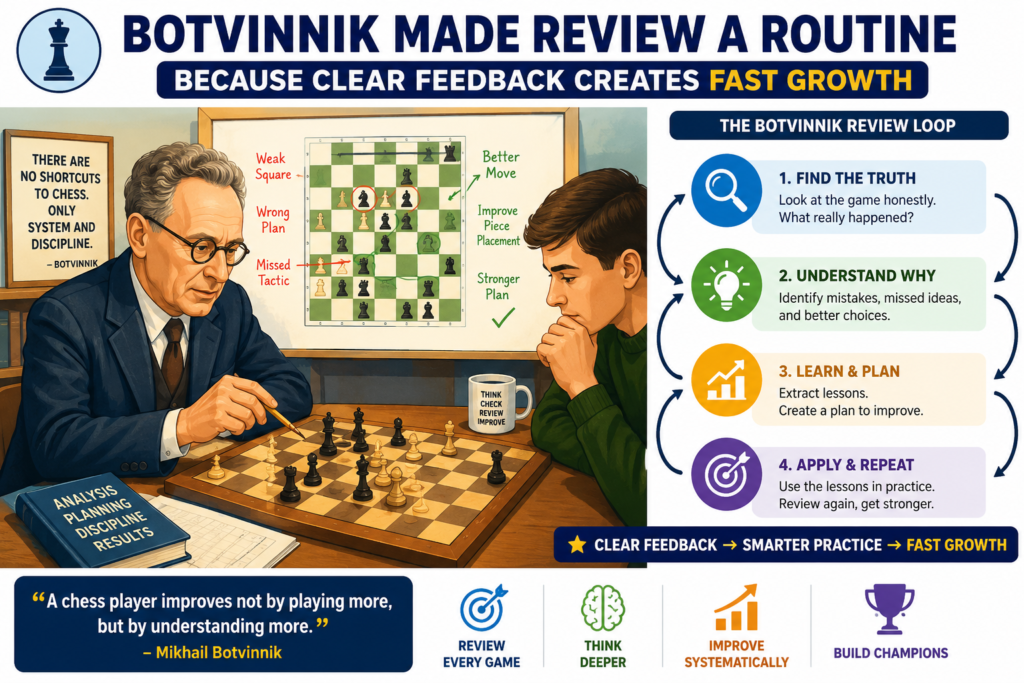 Botvinnik did not treat review as a small extra step. He treated it like the heart of training. For him, a game was not just a result. It was a record of choices. Every move showed what the player saw, what the player missed, and what the player believed in that moment.