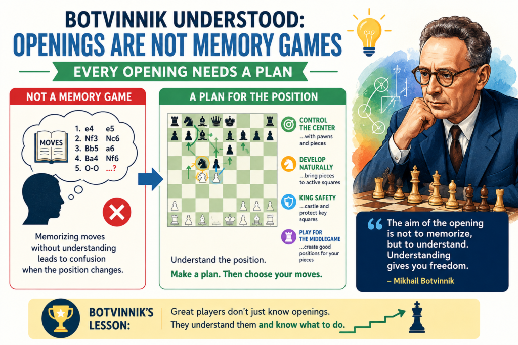 Many young players love openings. They enjoy learning names, traps, and fast wins. That is fun, and it can be useful. But Botvinnik would not stop there. He cared about opening knowledge, but he cared even more about opening understanding.