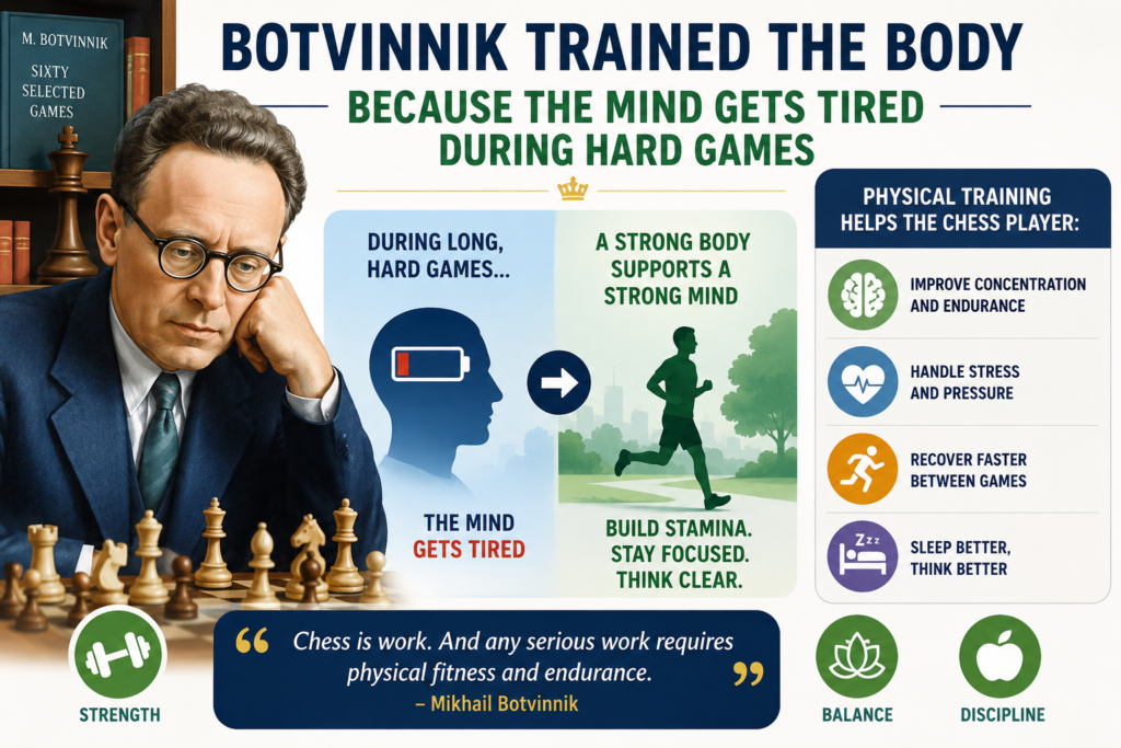 Some people think chess is only a brain game. Botvinnik knew better. A long chess game can tire the whole body. The player sits for hours, makes hard choices, handles stress, and must stay alert until the end. A tired mind misses simple tactics. A restless child moves too fast. A tense player may lose a winning position.