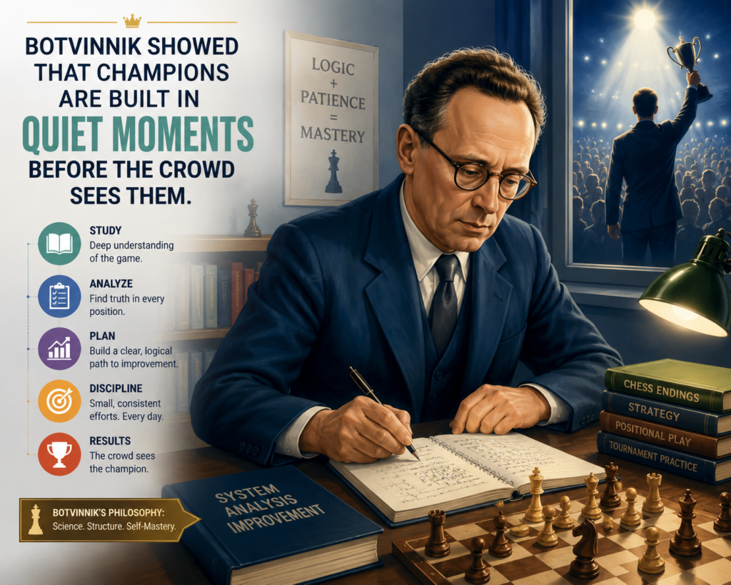 The world sees the final game. The world sees the trophy, the handshake, and the champion’s name in history. But Botvinnik cared about what happened before that moment. The private work mattered most. The notes. The study. The training games. The honest review. The quiet fix after a painful mistake.