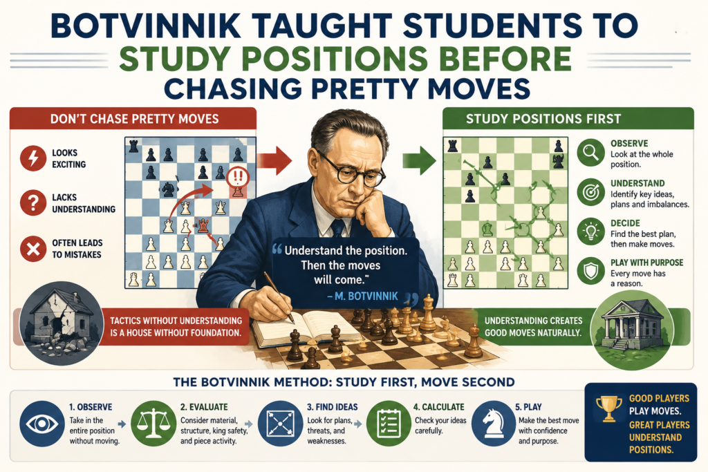 Many children love flashy moves. They want the queen sacrifice, the fast checkmate, or the move that makes everyone say, “Wow.” That is natural. Chess should feel exciting. But Botvinnik’s way was deeper than that. He wanted players to see the full position first.