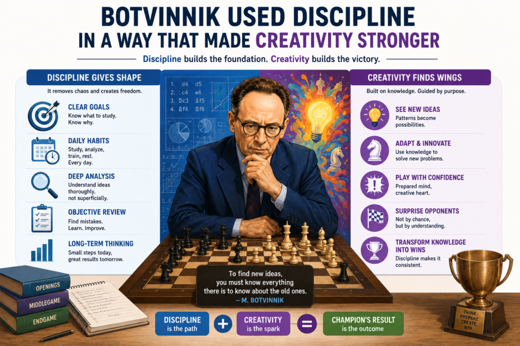 Some people think discipline kills creativity. Botvinnik showed the opposite. His system did not make players into robots. It gave them a base strong enough to support bold ideas.