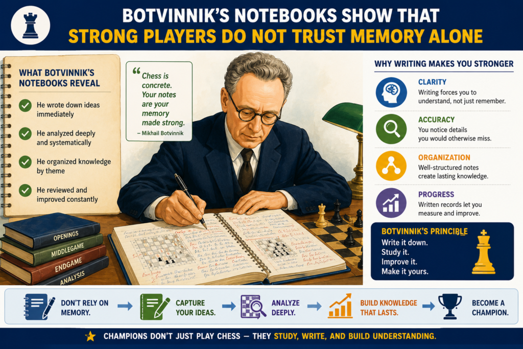 A notebook may sound simple, but for a serious chess player, it can become a treasure. Botvinnik was known for preparation, research, and careful notes. His method was not built on random guessing. It was built on recording ideas, checking them, and improving them over time.