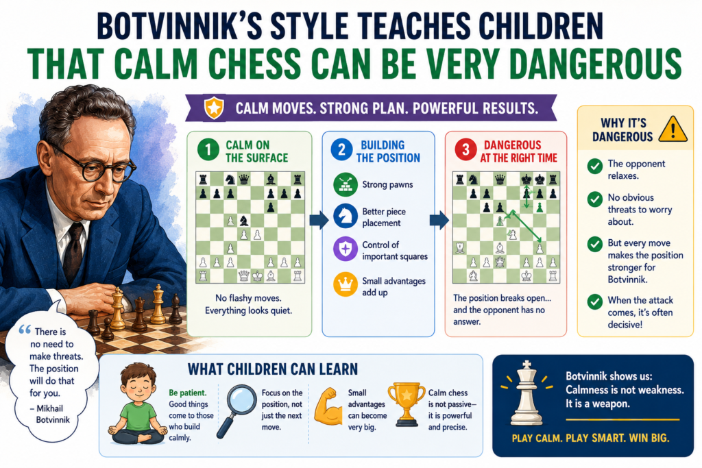 Some players look scary because they attack all the time. Botvinnik’s chess could be scary in a different way. He often built pressure with calm moves. He improved his pieces. He fixed weaknesses. He controlled key squares. Then, when the position was ready, he struck.