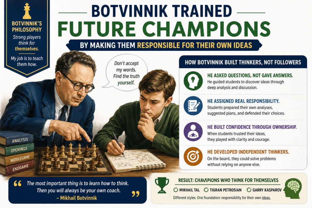A great coach does not do the thinking for the student. A great coach teaches the student how to think alone. Botvinnik’s school mattered because it pushed strong young players to prepare, analyze, and take their own ideas seriously.