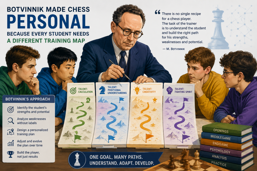 Botvinnik did not treat chess growth like a factory line. His best students were not all the same kind of player. Some were calm. Some were sharp. Some liked attack. Some liked quiet pressure. That matters because great training does not erase a child’s natural style. It shapes it, cleans it, and makes it stronger.