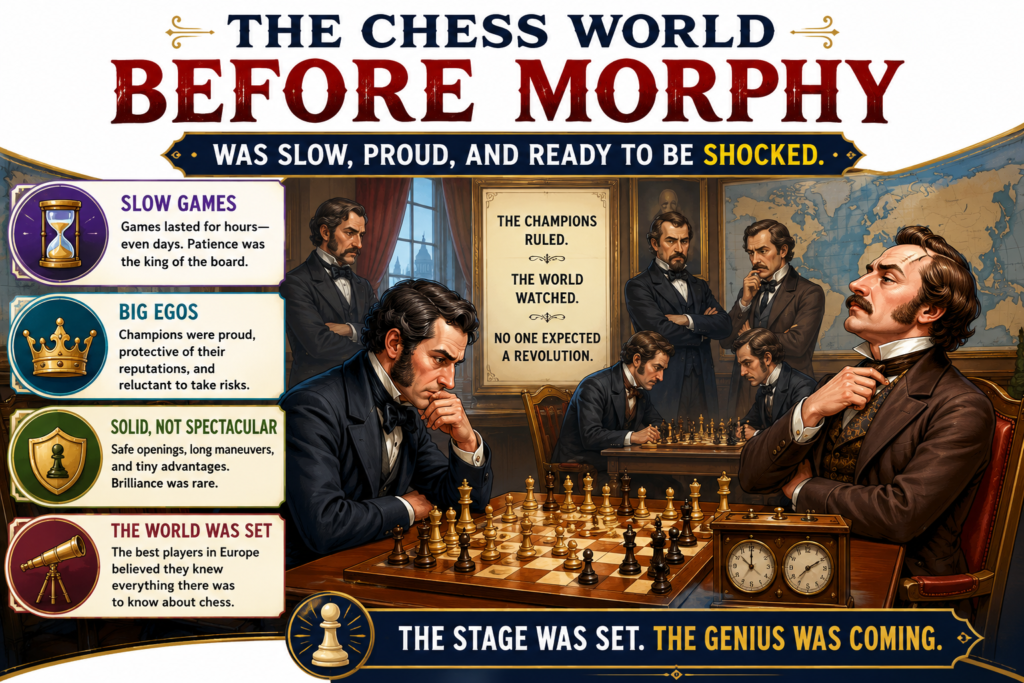 Chess before Paul Morphy was full of bold attacks, brave sacrifices, and big ideas. But many players attacked too soon. They often moved the same piece again and again. They grabbed pawns while their other pieces slept at home.