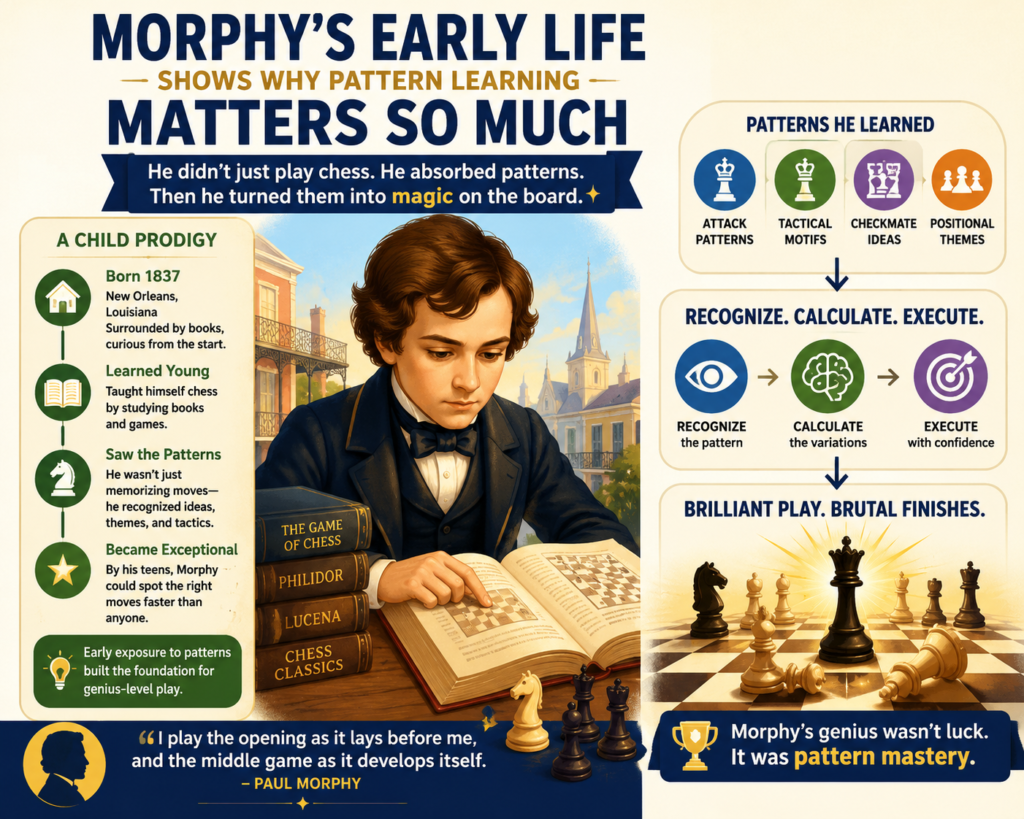 Paul Morphy was born in New Orleans on June 22, 1837. He learned chess as a child, and the World Chess Hall of Fame notes that he learned the game at age eight. By age thirteen, he was already one of the best players in the United States.