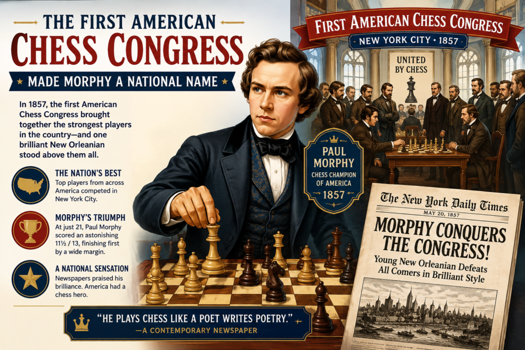 In 1857, Morphy played in the First American Chess Congress and won it. The World Chess Hall of Fame says this made him the second official U.S. Champion. This victory pushed him from local wonder to national star.