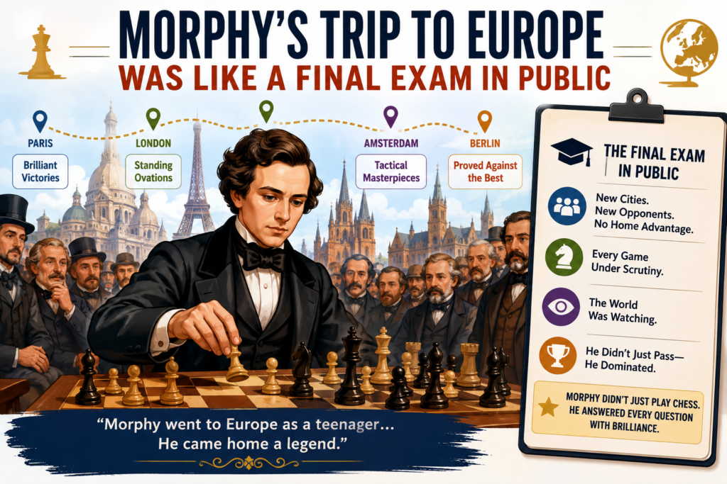 In 1858, Morphy went to Europe. The World Chess Hall of Fame notes that before this trip, he had passed the Louisiana bar exam but was too young to practice law. In Europe, he faced many of the strongest players on the continent and proved his strength. 