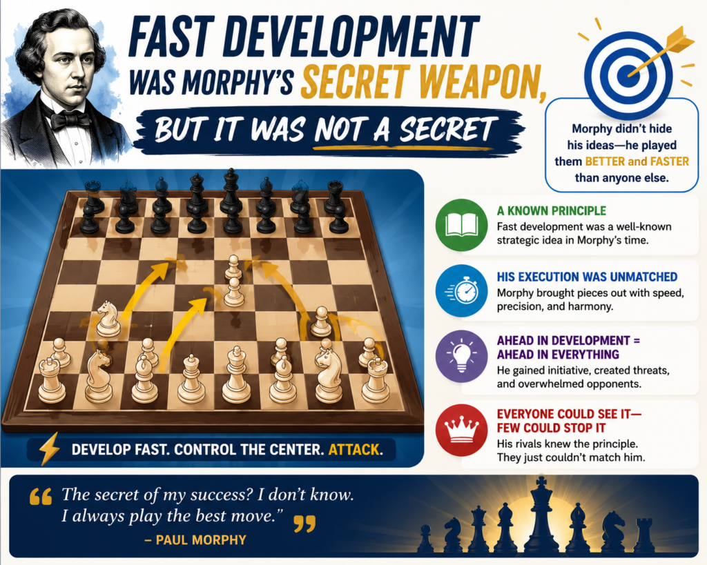 Fast development sounds simple. That is the funny part. Morphy’s main idea was not hidden. He was not using a strange opening trick that only he knew. He was using the most basic chess idea better than everyone else.