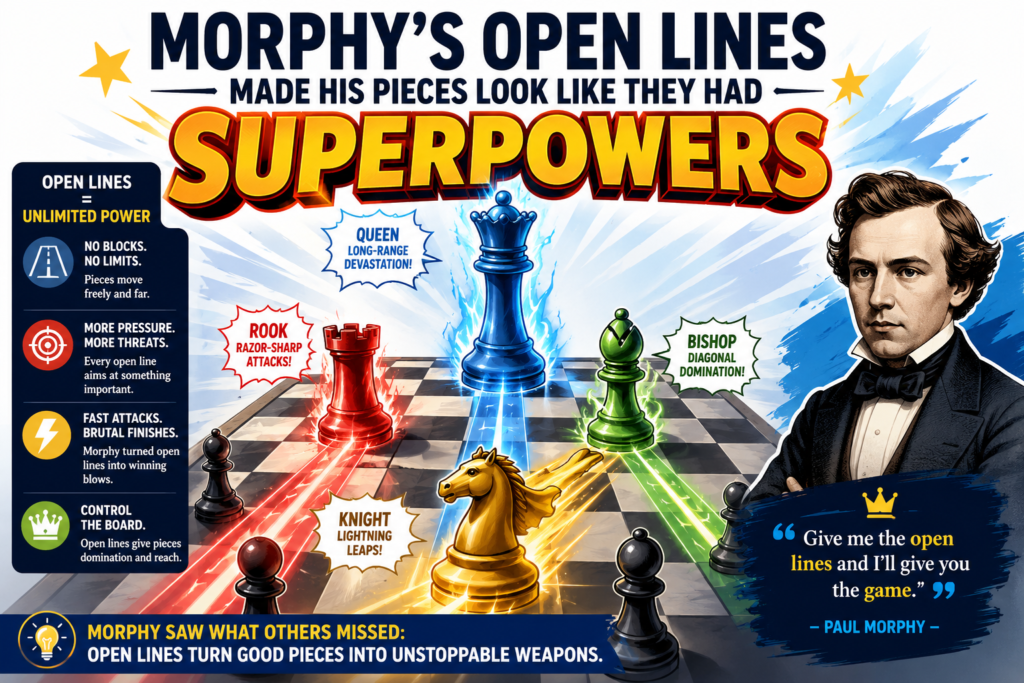 Fast development was only the first part of Morphy’s magic. The next part was opening the board at the right time. He knew that active pieces need clear roads. A bishop needs a diagonal. A rook needs an open file. A queen needs space. If the board stays locked, even great pieces can feel stuck.