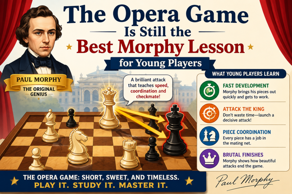 Morphy’s most famous game is often called the Opera Game. It was played in Paris in 1858. Morphy played White against the Duke of Brunswick and Count Isouard, who made moves together as Black.