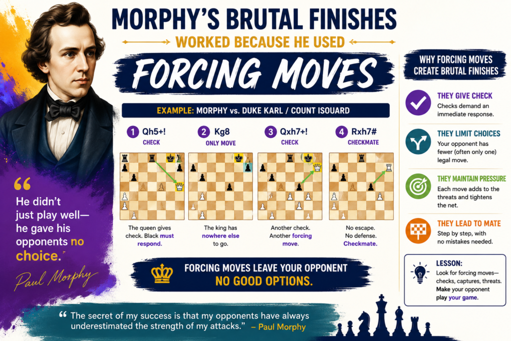 A brutal finish in chess does not mean wild chess. It means the defender has no good choices left. Morphy was a master at this. When he attacked, he often used checks, captures, and threats in a clean order. These moves forced the opponent to answer. That gave Morphy control.