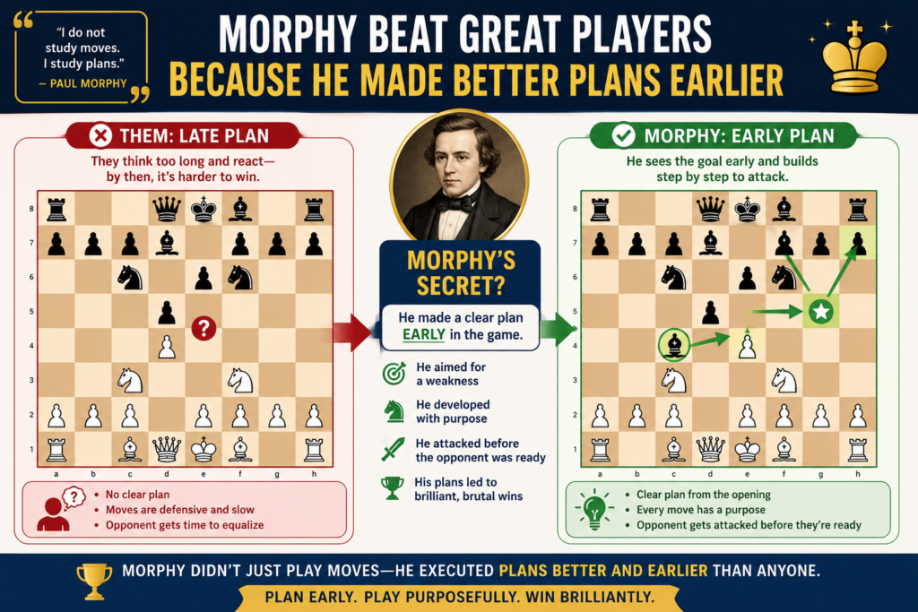 Morphy did not only shine against casual players. He also beat many strong masters. One of the most important moments of his career was his 1858 match against Adolf Anderssen in Paris.