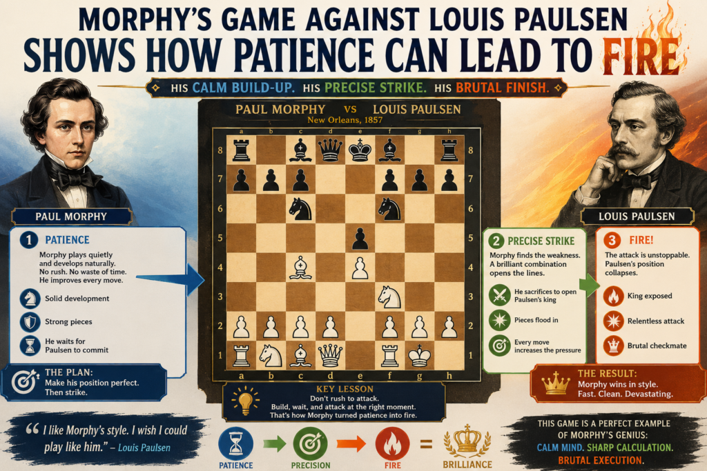 Louis Paulsen was not a weak player. He was one of the best minds at the First American Chess Congress in 1857, and he later became known for deep defensive ideas. That makes Morphy’s famous win against him even more useful for students.