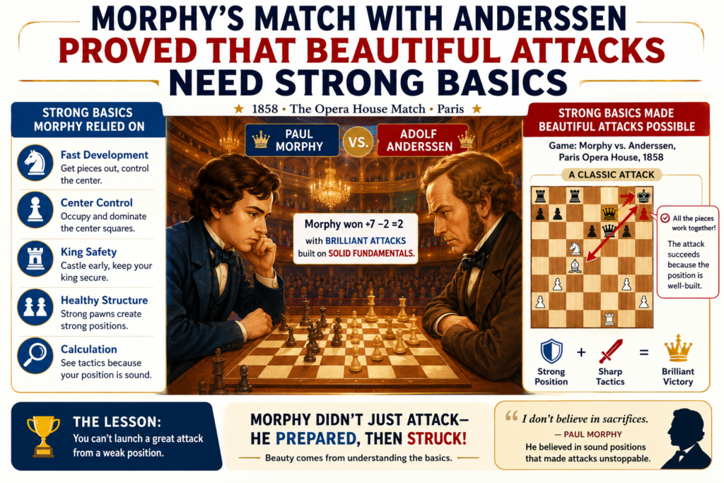 Adolf Anderssen was one of the most famous attacking players of the 1800s. He was known for wild, beautiful chess. His games were full of sacrifices and brave ideas. So when Morphy faced him in Paris in December 1858, it was not just another match. It was a battle between two brilliant attacking minds.