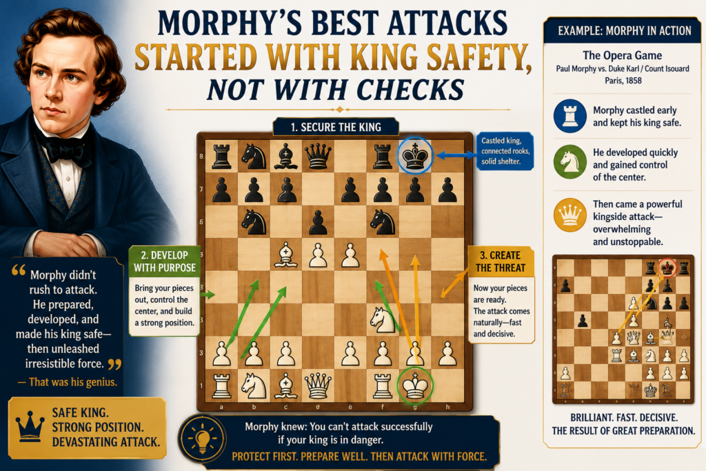 It may sound strange, but one reason Morphy attacked so well was that he often made his own king safe first. This gave him freedom. Once his king was safe and his rooks were ready, he could open the center without fear.