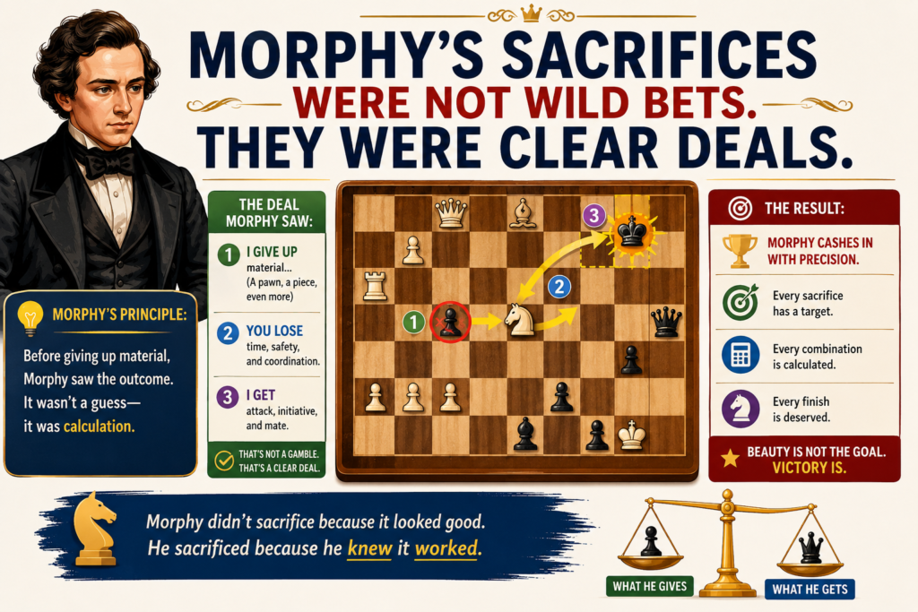 When people talk about Morphy, they often talk about sacrifices. That makes sense. His games include some beautiful ones. But the danger is that kids may learn the wrong lesson. They may think Morphy won because he threw pieces at the king.