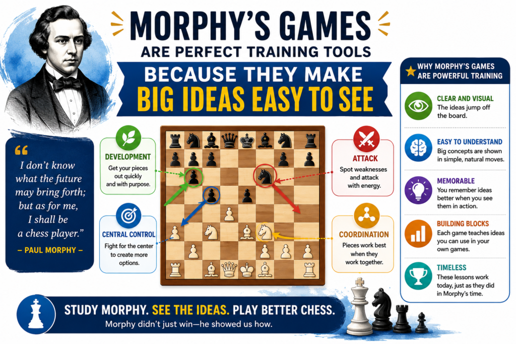 Some chess games are hard for beginners to study. The moves are too quiet. The plans are too deep. The turning point is hard to spot. Morphy’s games are different. They are full of clear lessons.